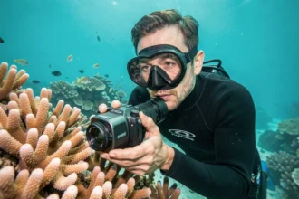 Plongeur professionnel tenant un appareil photo sous-marin devant un récif corallien coloré en eaux turquoise
