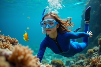 Jeune femme en combinaison de plongée observe un récif corallien