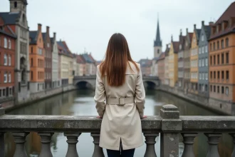 Femme sur le pont Sint-Michielsbrug à Gand avec vue sur les façades médiévales du Graslei et Korenlei