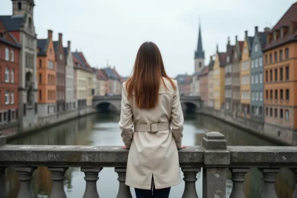 Femme sur le pont Sint-Michielsbrug à Gand avec vue sur les façades médiévales du Graslei et Korenlei