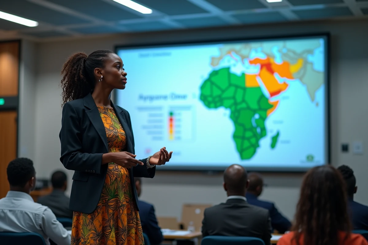 Professionnelle sénégalaise présentant une carte de l'Afrique de l'Ouest avec nouvelles régions et corridors de développement à Diamniadio
