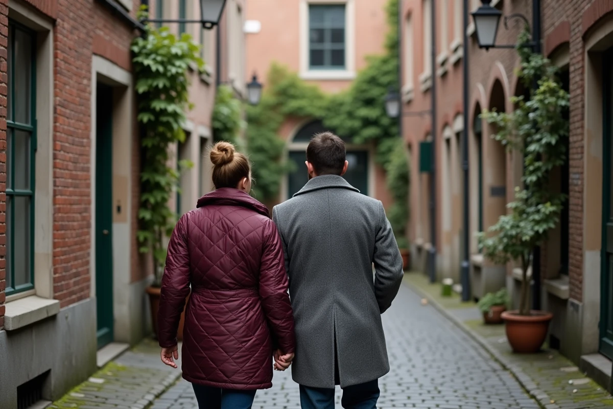 Couple se promenant dans les ruelles pavées du quartier Patershol à Gand entourés de maisons flamandes en brique