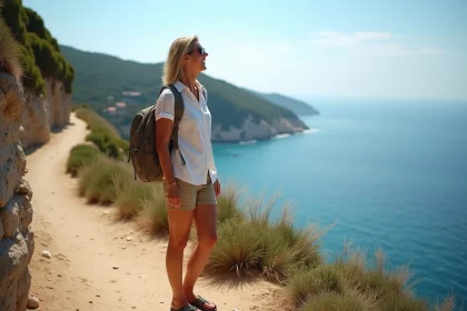 Femme souriante admire la côte depuis un rocher à Rayol Canadel