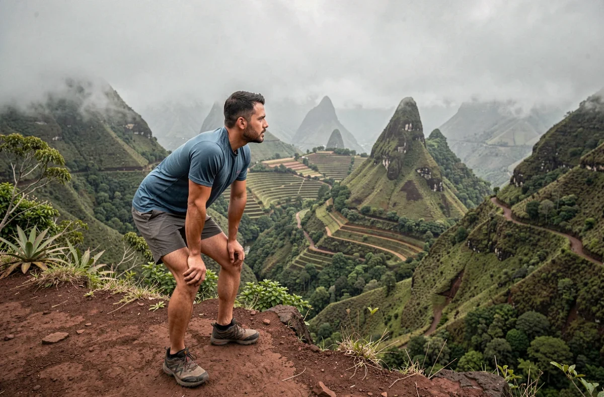 Randonneur explorant les sentiers du Cirque de Cilaos à La Réunion, vue panoramique sur les montagnes volcaniques