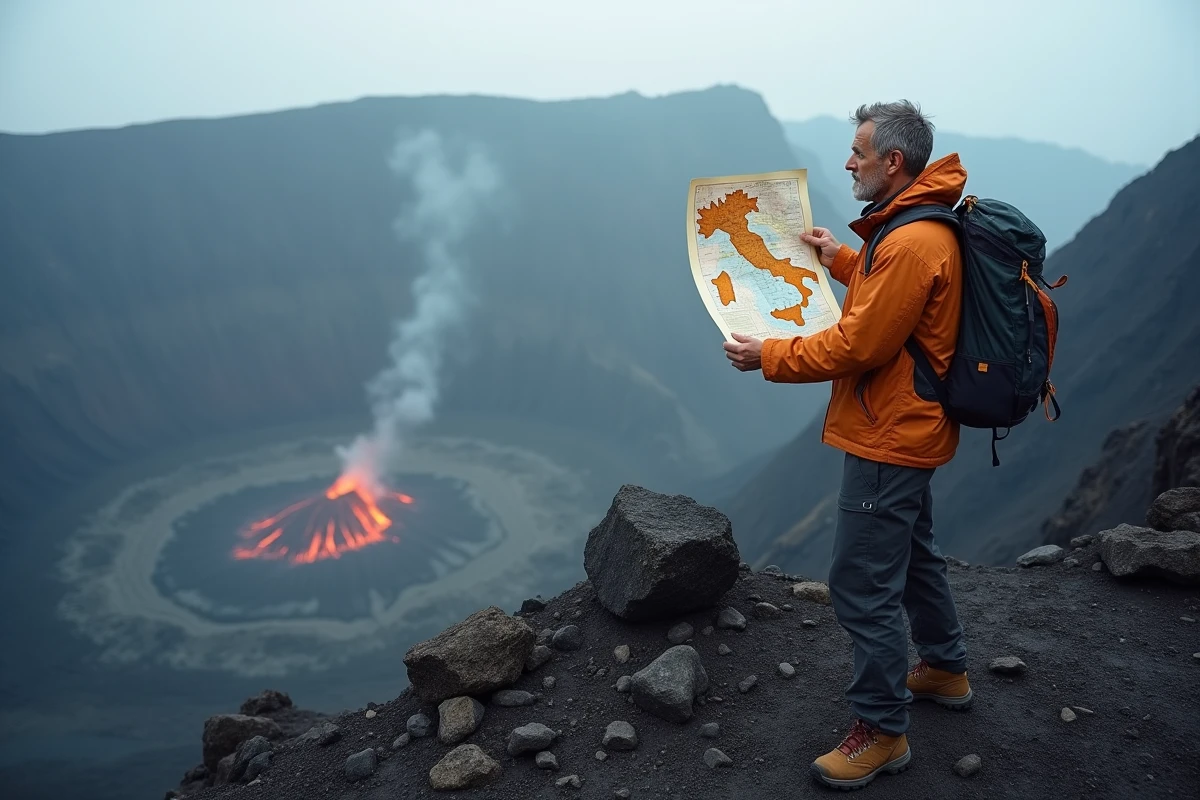 Randonneur consultant une carte des volcans d'Italie au bord d'une caldeira volcanique