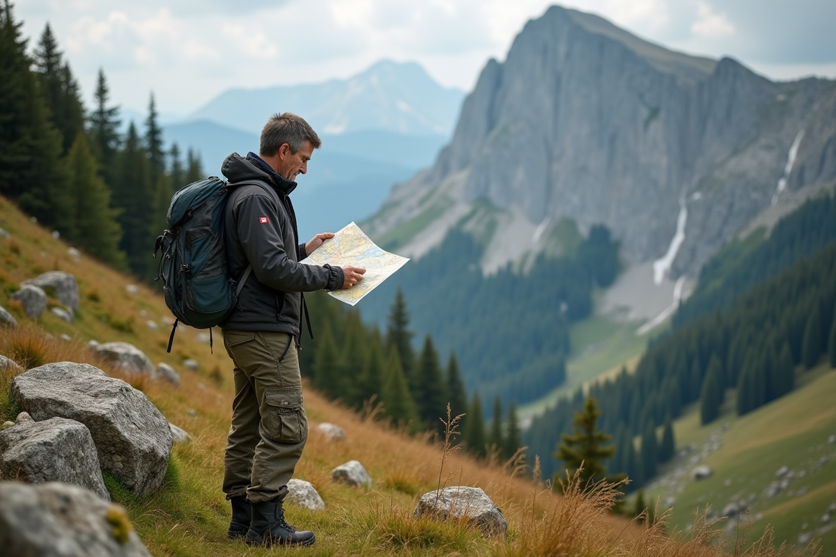 Randonneur français consulte une carte en montagne