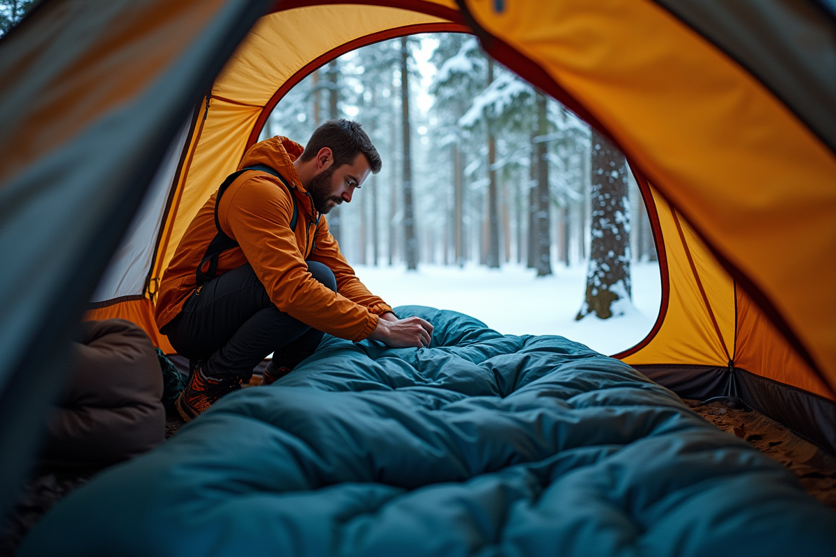 Randonneur dans une tente en forêt enneigée en hiver