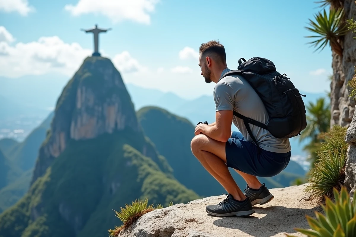 Randonneur au point de vue rocheux du Corcovado avec la statue du Christ Rédempteur en arrière-plan