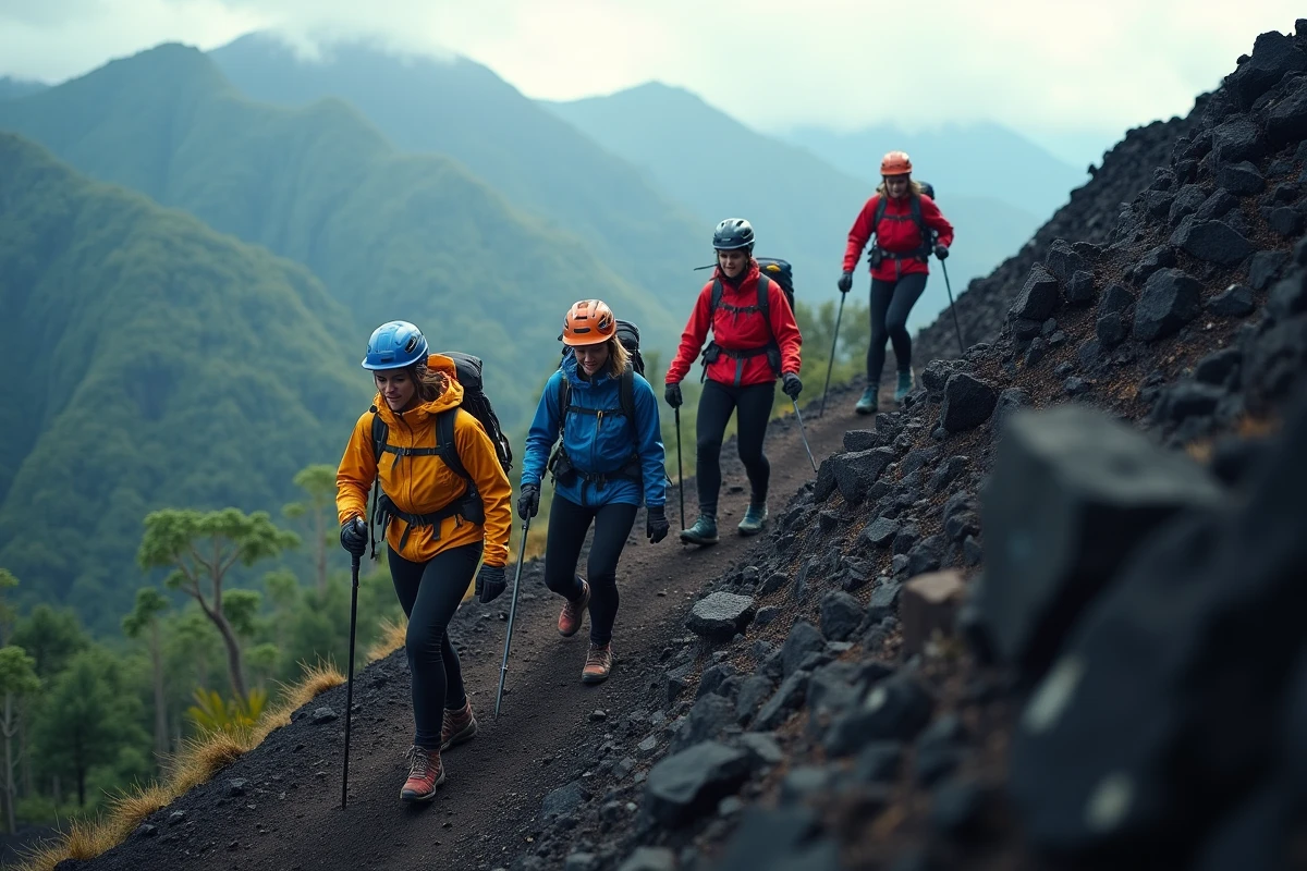 Groupe de randonneurs en ascension sur les pentes volcaniques du Nyiragongo dans le parc des Virunga