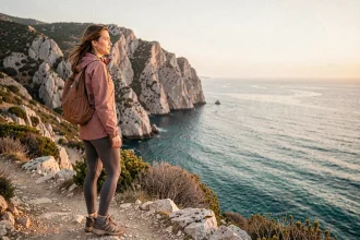 Randonneuse contemplant la mer au lever du soleil sur le sentier côtier du Capu di Muru en Corse