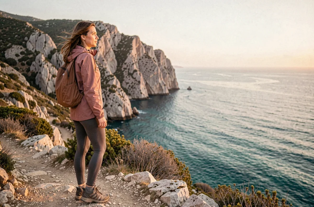 Randonneuse contemplant la mer au lever du soleil sur le sentier côtier du Capu di Muru en Corse