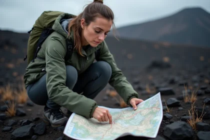 Randonneuse étudiant une carte topographique volcanique sur un terrain basaltique en Italie