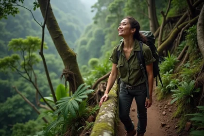 Randonneuse sur le sentier forestier de Corcovado dans la forêt atlantique de Rio de Janeiro