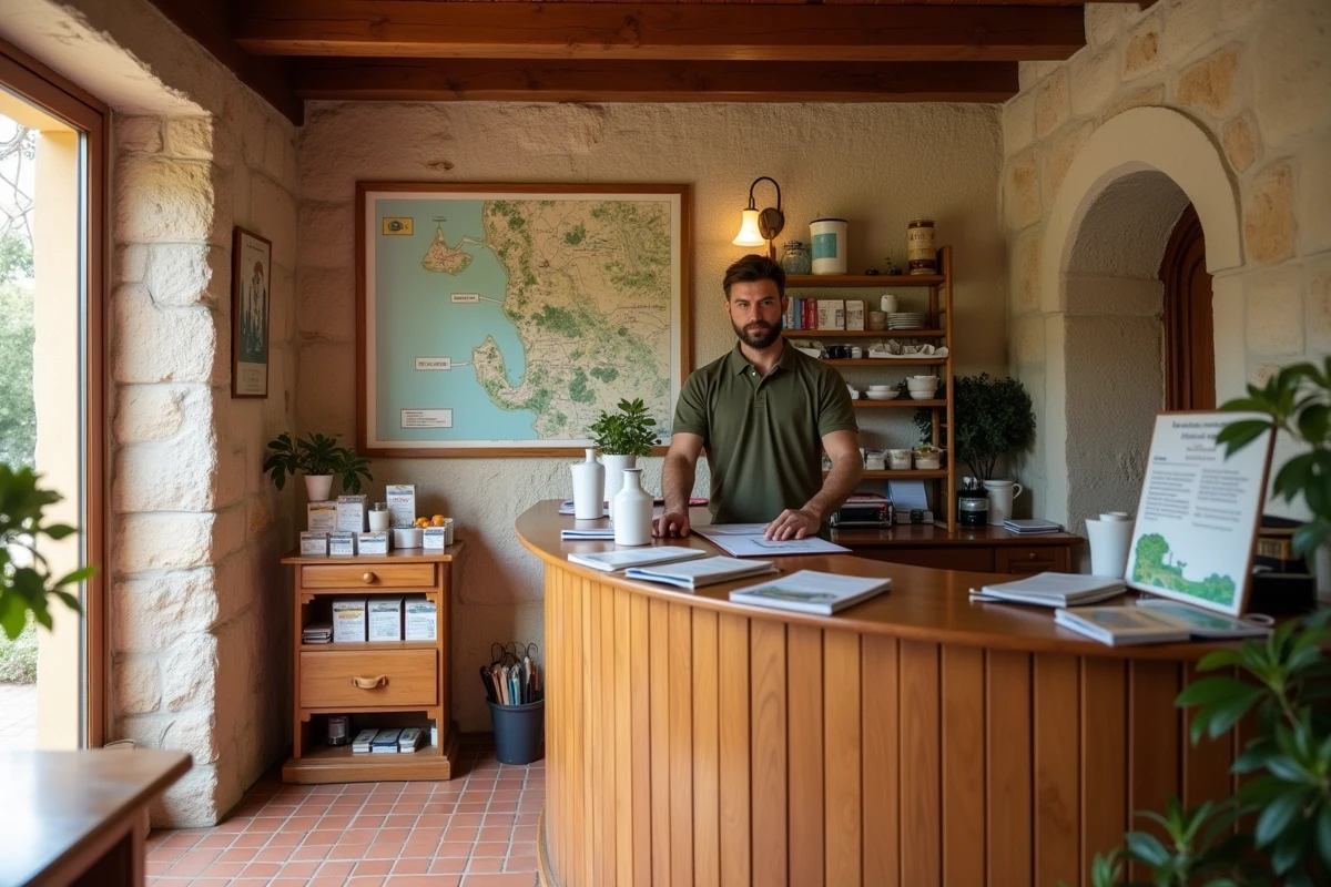 Réception d'un petit hôtel rustique du Cap Corse avec affichage de carte régionale et brochures d'hébergements