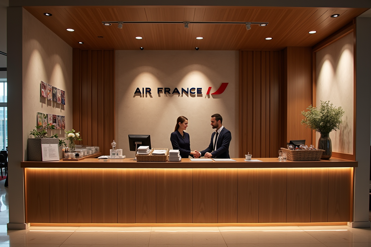 Accueil chaleureux au lounge Air France avec personnel