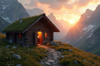 Refuge de montagne au lever du soleil avec gardien souriant accueillant randonneurs