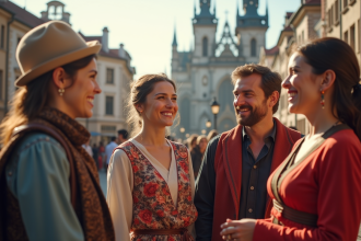 Groupe de personnes diverses en vêtements traditionnels dans une place européenne