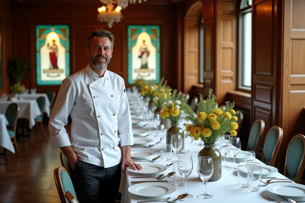 Chef cuisinier dans le restaurant gastronomique d'un hôtel 5 étoiles à Strasbourg avec décor Art Nouveau et table dressée en porcelaine fine