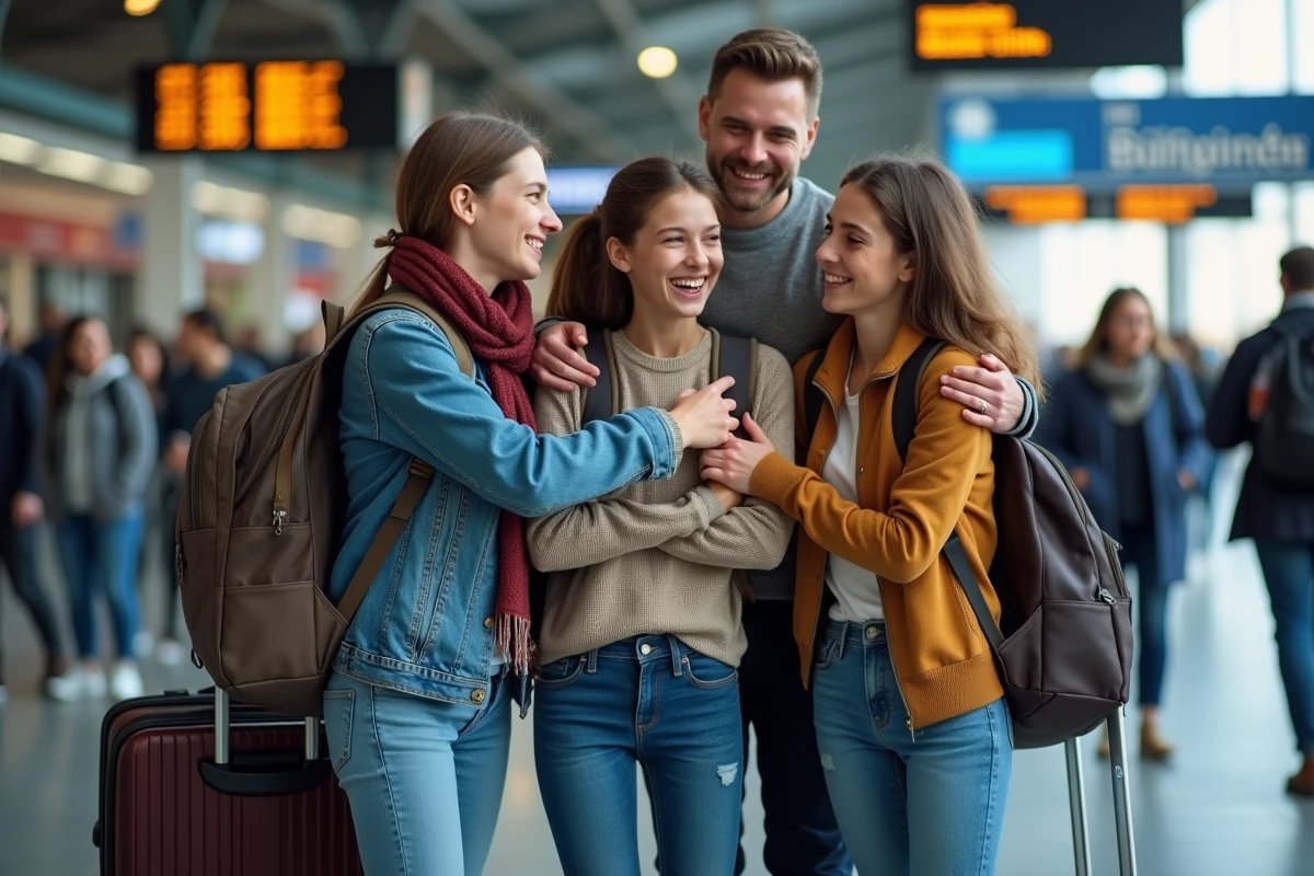 Trois adolescents et leurs parents se retrouvent &agrave; la gare