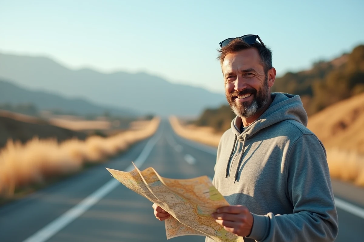 Homme consultant une carte routi&egrave;re &agrave; un arr&ecirc;t sur l'autoroute entre Los Angeles et San Francisco