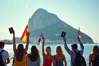 Le rocher de Gibraltar vu du port avec un groupe diversifié de personnes