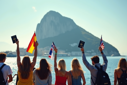 Le rocher de Gibraltar vu du port avec un groupe diversifié de personnes