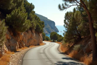 Route étroite et sinueuse menant à la plage de Fautea Arinella en Corse, bordée de maquis et de rochers