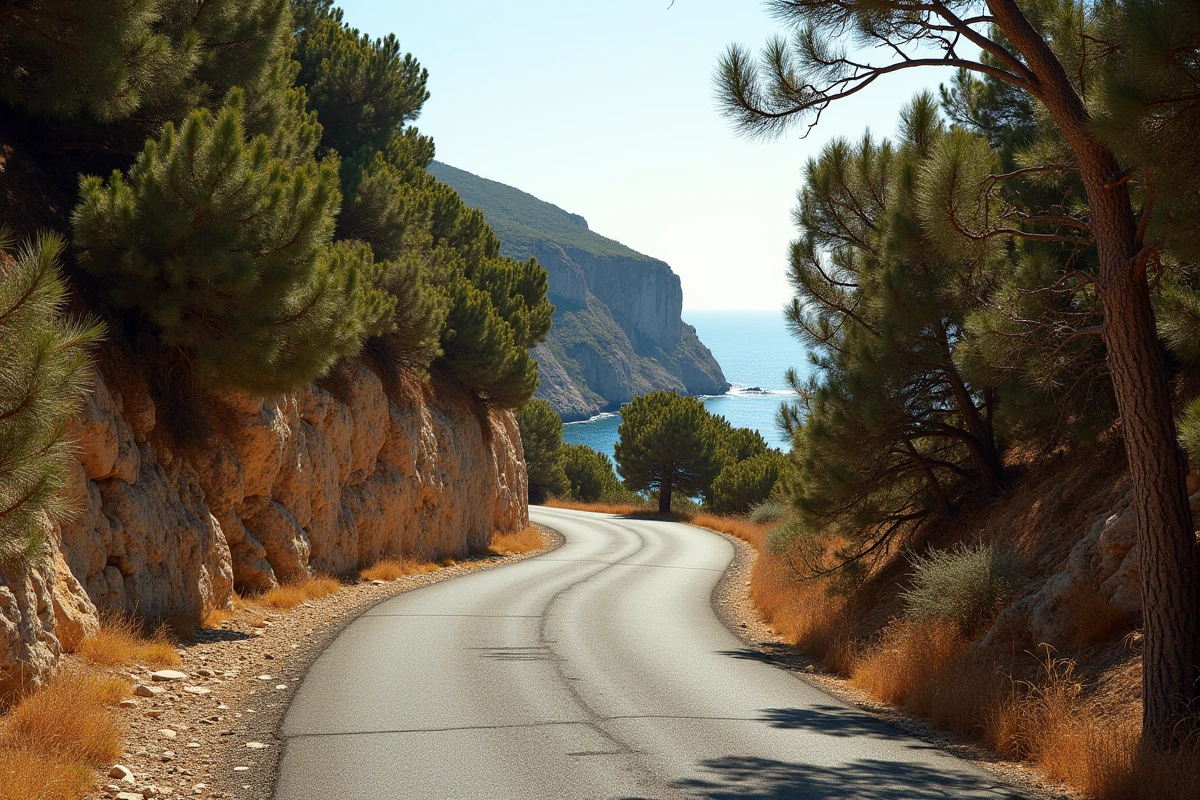 Route étroite et sinueuse menant à la plage de Fautea Arinella en Corse, bordée de maquis et de rochers
