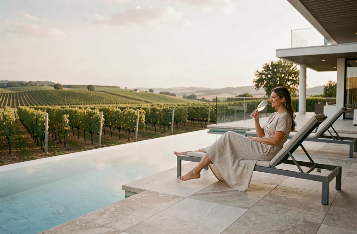 Piscine à débordement du Royal Champagne Hotel & Spa à Champillon avec vue sur les vignobles de la Marne