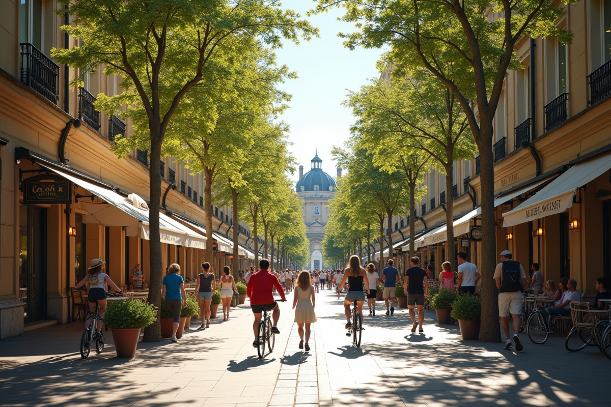 Rue piétonne animée dans un centre-ville français en été