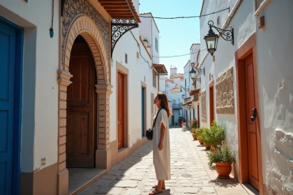 Photographe explorant une ruelle de la médina de Tanger avec architecture en zellige et portes en bois sculpté