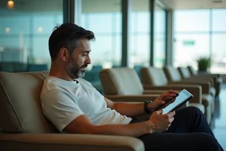 Homme d'âge moyen lisant sur une tablette dans un salon moderne à Casablanca