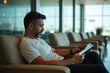 Homme d'&acirc;ge moyen lisant sur une tablette dans un salon moderne &agrave; Casablanca