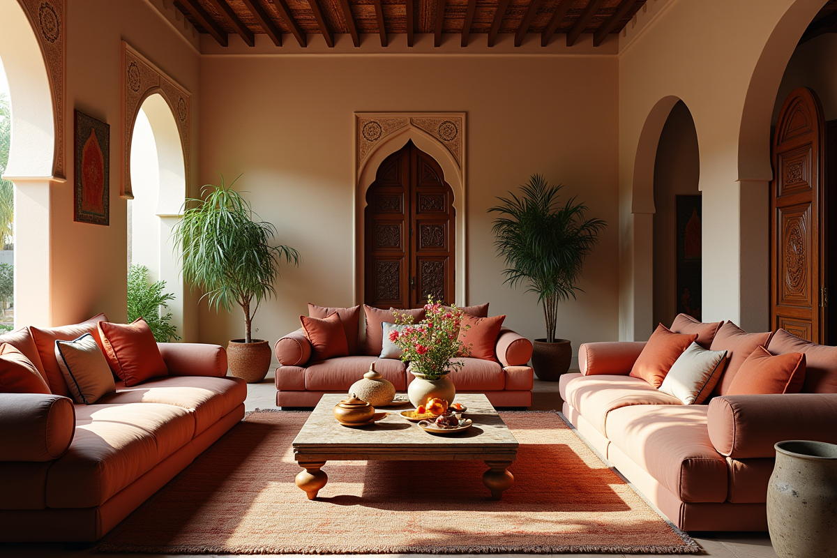 Salon marocain avec canapés et tapis colorés