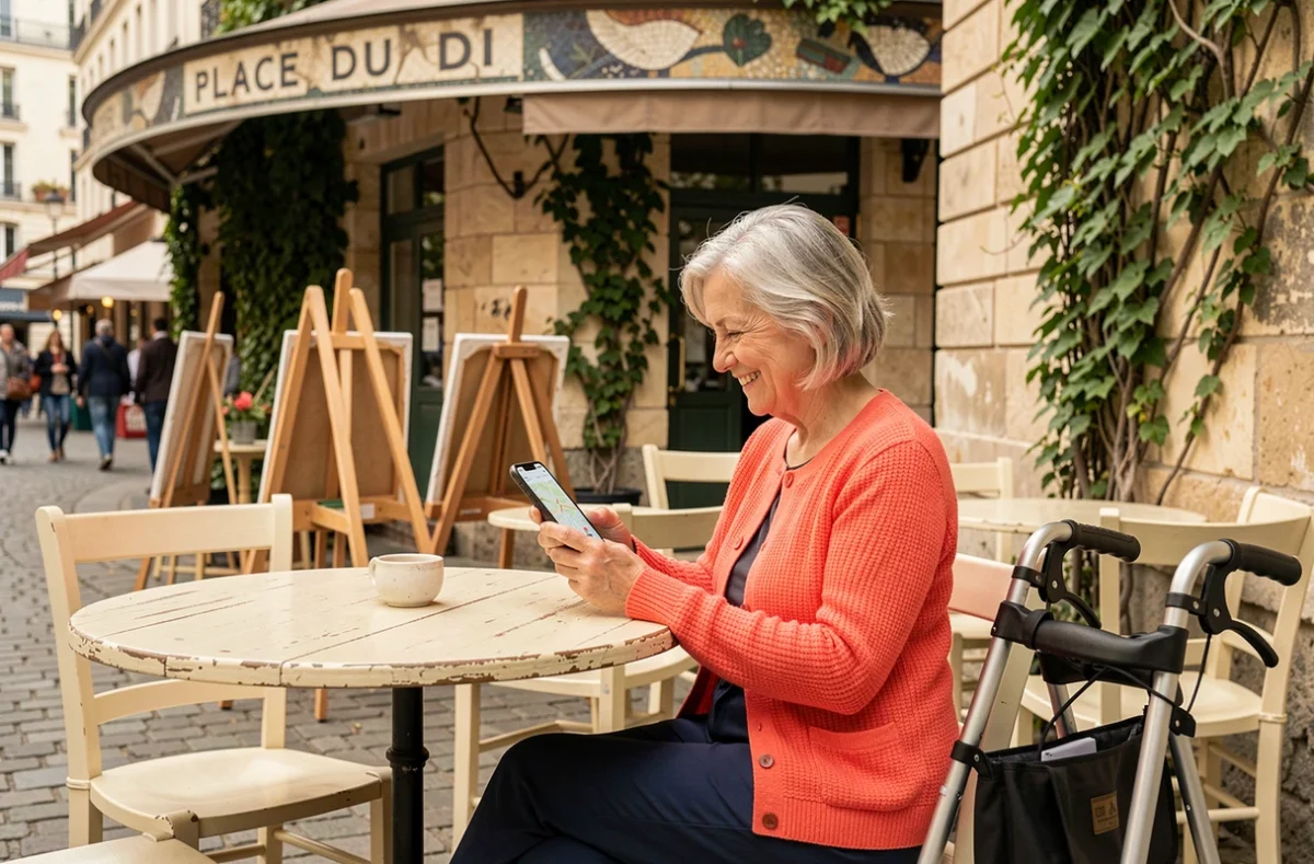 Femme âgée assise en terrasse de café Place du Tertre à Montmartre avec un déambulateur, consultant un plan d'accessibilité sur smartphone