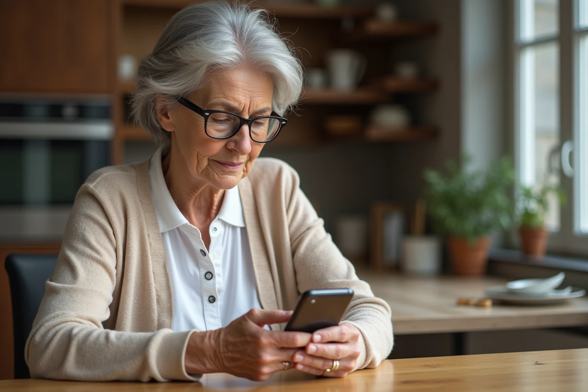 Une femme senior consulte un itinéraire à pied sur Google Maps depuis son smartphone à la maison