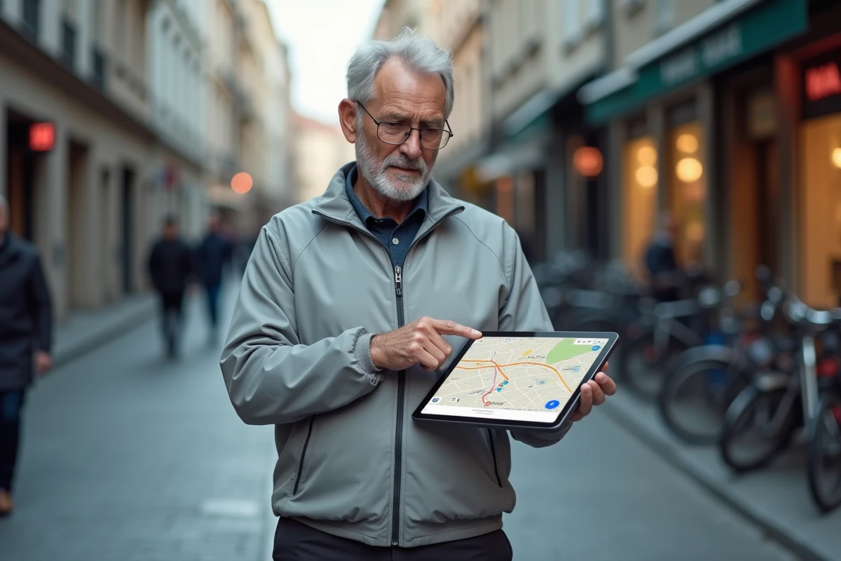 Un homme senior agrandit un itinéraire Google Maps sur une tablette en pleine rue