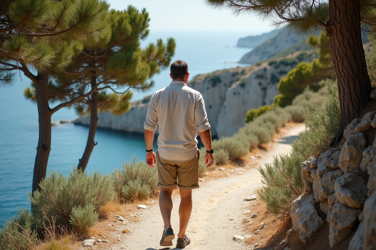 Homme seul sur un sentier côtier de l'île de Lokrum en Croatie tôt le matin, profitant du calme avant l'affluence touristique estivale