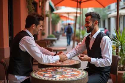 Serveur marocain souriant recevant un pourboire à Marrakech