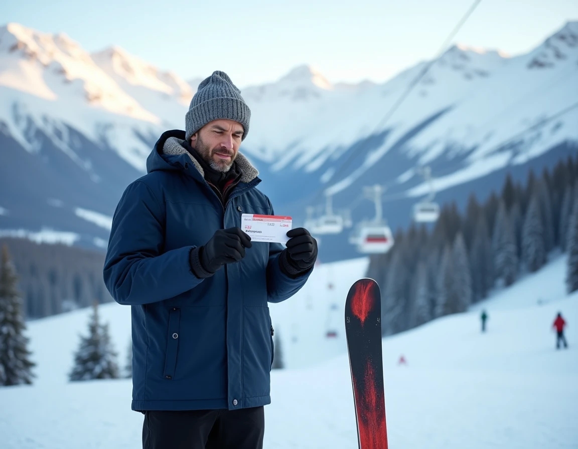 Skieur adulte examinant son forfait de ski sur les pistes enneigées d'une station de montagne en hiver