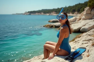 Femme avec masque de snorkeling assise sur des rochers au bord d'une crique méditerranéenne près de Pise