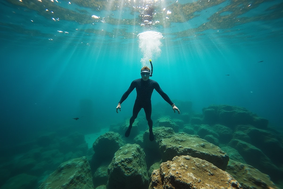 Plongeur en snorkeling sous l'eau dans une crique transparente près de Pise avec des fonds marins rocheux