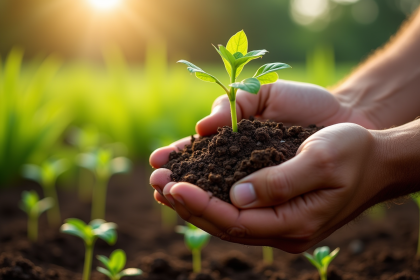 Main d'agriculteur tenant sol fertile avec jeunes pousses vertes