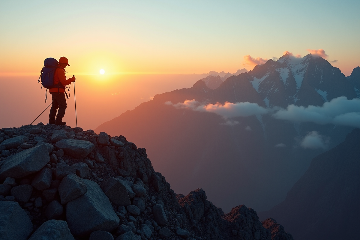 Alpiniste au sommet au lever du soleil avec vue sur la vallée