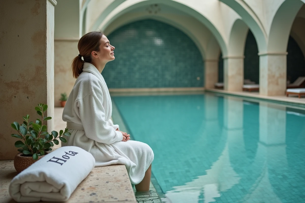 Piscine intérieure chauffée et espace spa dans un hôtel 5 étoiles de Strasbourg avec architecture en voûtes de pierre alsacienne