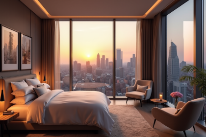 Suite d'hôtel luxueuse avec vue sur la ville au coucher du soleil