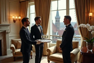 Concierge en uniforme servant des flûtes de champagne dans une suite luxueuse d'un hôtel 5 étoiles à Strasbourg avec vue sur la cathédrale