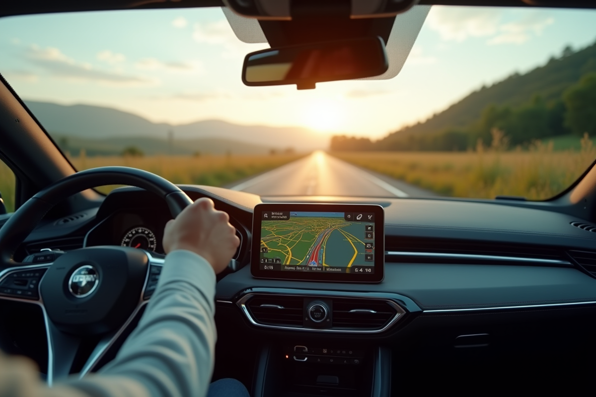 Tableau de bord de voiture avec GPS en action sur route de campagne