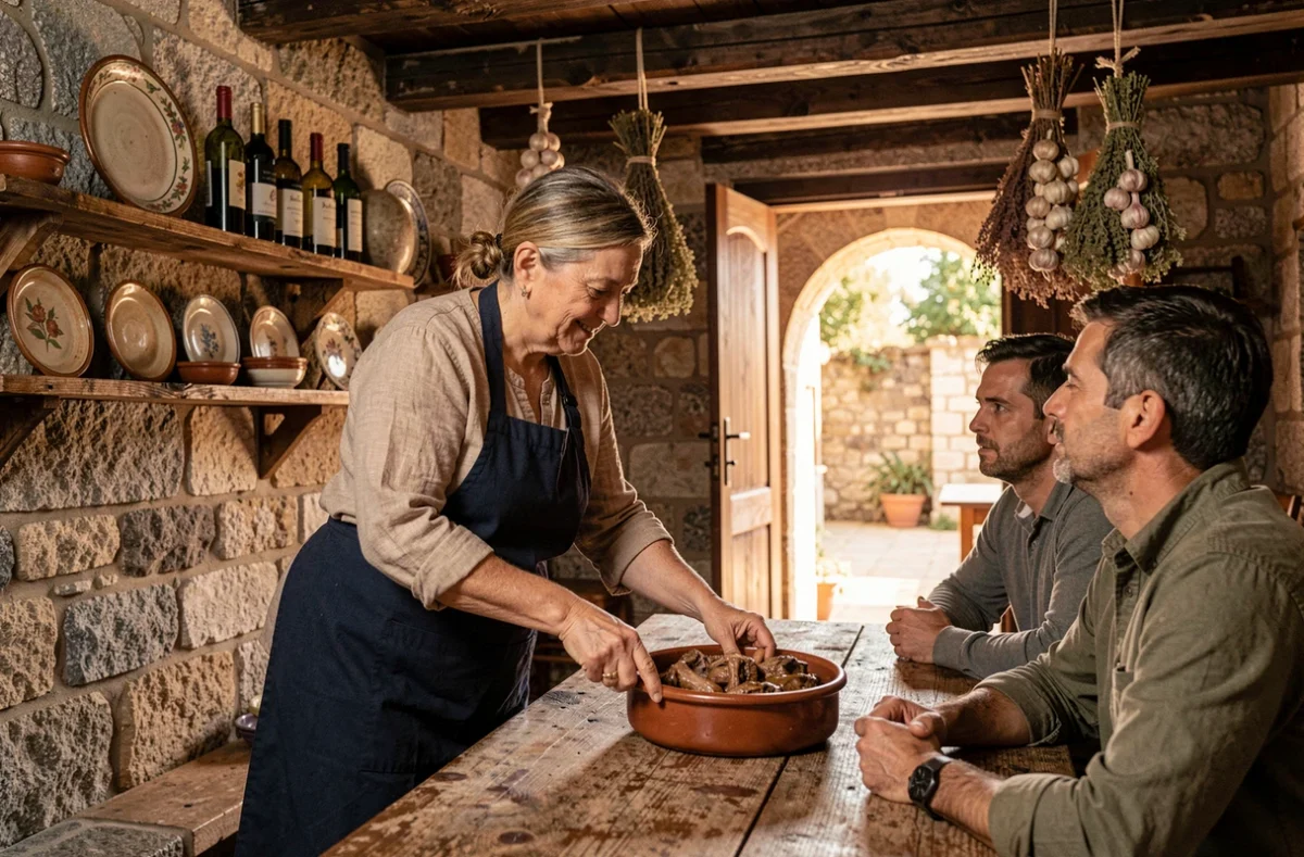 Intérieur d'une taverne traditionnelle à Kythira avec une femme servant un plat d'agneau dans une maison en pierre restaurée