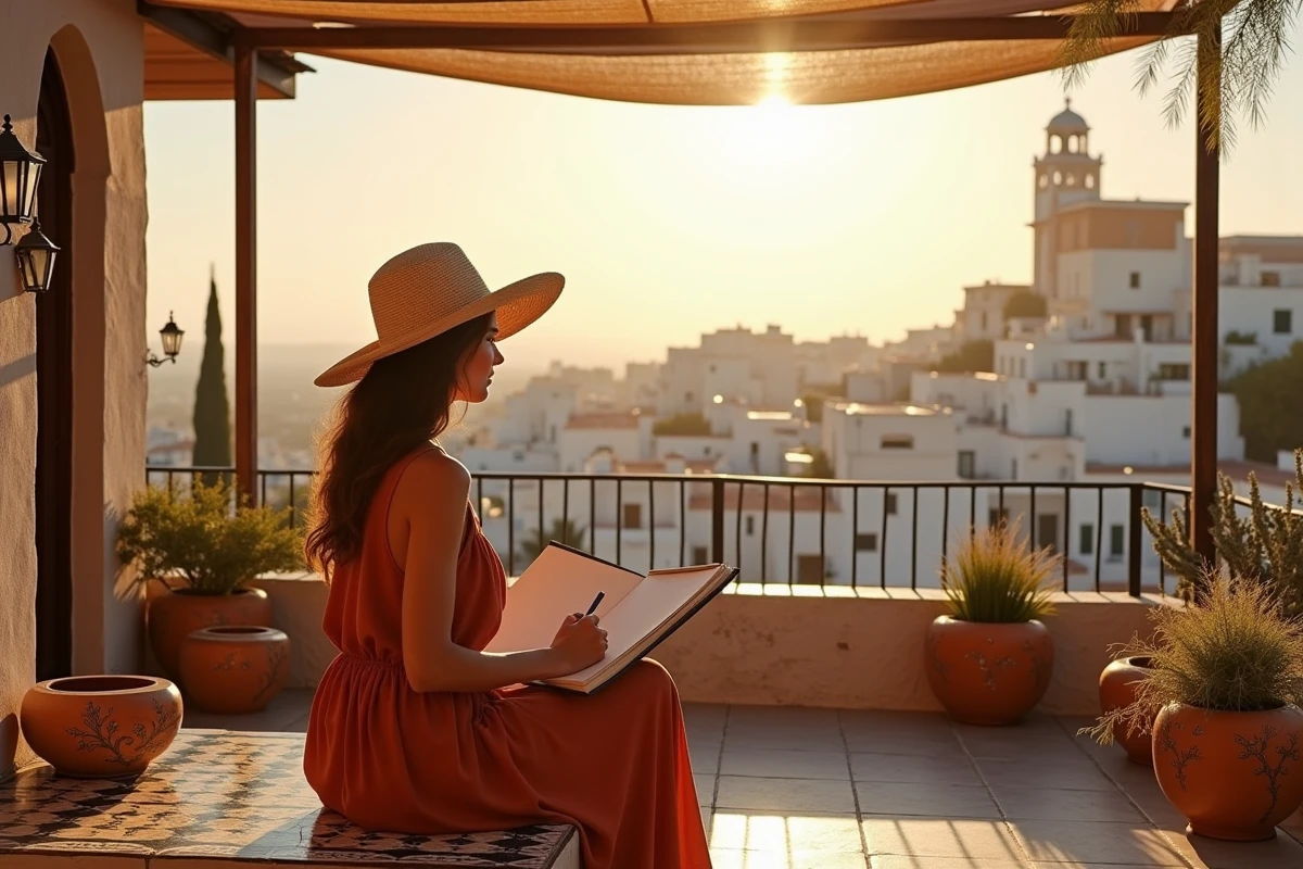 Artiste dessinant sur une terrasse de riad à Tanger avec vue panoramique sur la médina et le détroit de Gibraltar